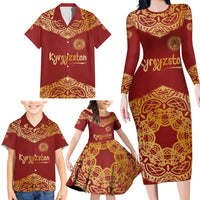 Kyrgyzstan National Symbol Family Matching Long Sleeve Bodycon Dress and Hawaiian Shirt Traditional Golden Pattern in Red and Gold