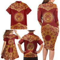 Kyrgyzstan National Symbol Family Matching Long Sleeve Bodycon Dress and Hawaiian Shirt Traditional Golden Pattern in Red and Gold