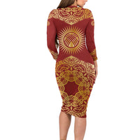 Kyrgyzstan National Symbol Family Matching Long Sleeve Bodycon Dress and Hawaiian Shirt Traditional Golden Pattern in Red and Gold