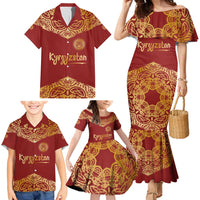 Kyrgyzstan National Symbol Family Matching Mermaid Dress and Hawaiian Shirt Traditional Golden Pattern in Red and Gold