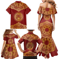 Kyrgyzstan National Symbol Family Matching Mermaid Dress and Hawaiian Shirt Traditional Golden Pattern in Red and Gold