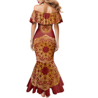 Kyrgyzstan National Symbol Family Matching Mermaid Dress and Hawaiian Shirt Traditional Golden Pattern in Red and Gold