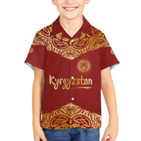 Kyrgyzstan National Symbol Family Matching Off The Shoulder Long Sleeve Dress and Hawaiian Shirt Traditional Golden Pattern in Red and Gold