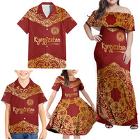 Kyrgyzstan National Symbol Family Matching Off Shoulder Maxi Dress and Hawaiian Shirt Traditional Golden Pattern in Red and Gold