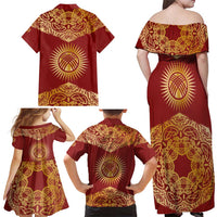 Kyrgyzstan National Symbol Family Matching Off Shoulder Maxi Dress and Hawaiian Shirt Traditional Golden Pattern in Red and Gold