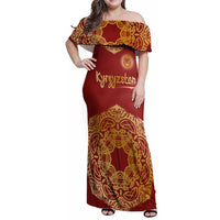 Kyrgyzstan National Symbol Family Matching Off Shoulder Maxi Dress and Hawaiian Shirt Traditional Golden Pattern in Red and Gold