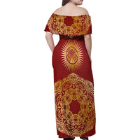 Kyrgyzstan National Symbol Family Matching Off Shoulder Maxi Dress and Hawaiian Shirt Traditional Golden Pattern in Red and Gold