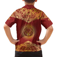 Kyrgyzstan National Symbol Family Matching Off Shoulder Short Dress and Hawaiian Shirt Traditional Golden Pattern in Red and Gold