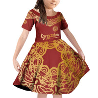 Kyrgyzstan National Symbol Family Matching Off Shoulder Short Dress and Hawaiian Shirt Traditional Golden Pattern in Red and Gold