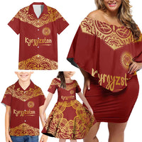 Kyrgyzstan National Symbol Family Matching Off Shoulder Short Dress and Hawaiian Shirt Traditional Golden Pattern in Red and Gold