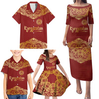 Kyrgyzstan National Symbol Family Matching Puletasi and Hawaiian Shirt Traditional Golden Pattern in Red and Gold