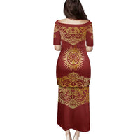 Kyrgyzstan National Symbol Family Matching Puletasi and Hawaiian Shirt Traditional Golden Pattern in Red and Gold