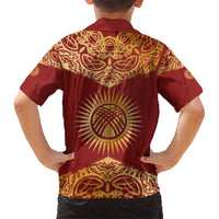 Kyrgyzstan National Symbol Family Matching Short Sleeve Bodycon Dress and Hawaiian Shirt Traditional Golden Pattern in Red and Gold