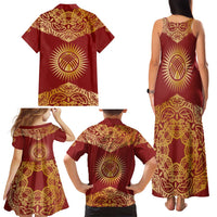 Kyrgyzstan National Symbol Family Matching Tank Maxi Dress and Hawaiian Shirt Traditional Golden Pattern in Red and Gold