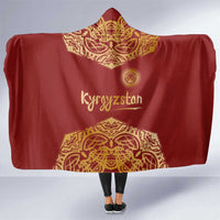 Kyrgyzstan National Symbol Hooded Blanket Traditional Golden Pattern in Red and Gold