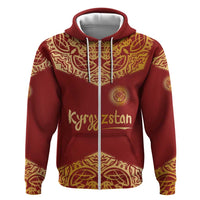 Kyrgyzstan National Symbol Hoodie Traditional Golden Pattern in Red and Gold