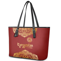 Kyrgyzstan National Symbol Leather Tote Bag Traditional Golden Pattern in Red and Gold
