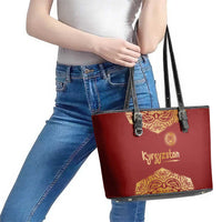Kyrgyzstan National Symbol Leather Tote Bag Traditional Golden Pattern in Red and Gold