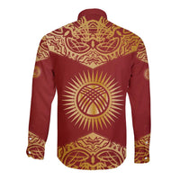 Kyrgyzstan National Symbol Long Sleeve Button Shirt Traditional Golden Pattern in Red and Gold
