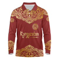 Kyrgyzstan National Symbol Long Sleeve Polo Shirt Traditional Golden Pattern in Red and Gold