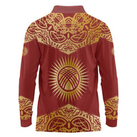 Kyrgyzstan National Symbol Long Sleeve Polo Shirt Traditional Golden Pattern in Red and Gold