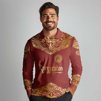 Kyrgyzstan National Symbol Long Sleeve Polo Shirt Traditional Golden Pattern in Red and Gold