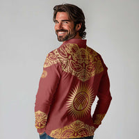 Kyrgyzstan National Symbol Long Sleeve Polo Shirt Traditional Golden Pattern in Red and Gold