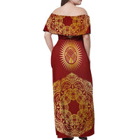 Kyrgyzstan National Symbol Off Shoulder Maxi Dress Traditional Golden Pattern in Red and Gold