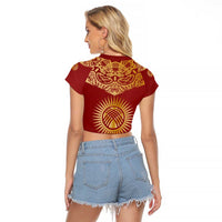 Kyrgyzstan National Symbol Raglan Cropped T Shirt Traditional Golden Pattern in Red and Gold