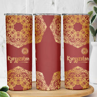 Kyrgyzstan National Symbol Skinny Tumbler Traditional Golden Pattern in Red and Gold
