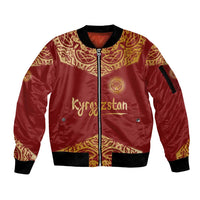 Kyrgyzstan National Symbol Sleeve Zip Bomber Jacket Traditional Golden Pattern in Red and Gold