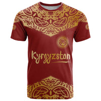 Kyrgyzstan National Symbol T Shirt Traditional Golden Pattern in Red and Gold