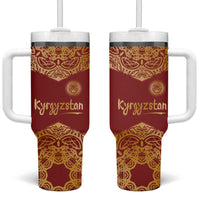 Kyrgyzstan National Symbol Tumbler With Handle Traditional Golden Pattern in Red and Gold