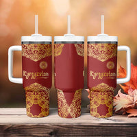 Kyrgyzstan National Symbol Tumbler With Handle Traditional Golden Pattern in Red and Gold