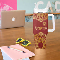 Kyrgyzstan National Symbol Tumbler With Handle Traditional Golden Pattern in Red and Gold