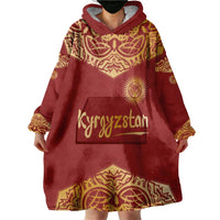 Kyrgyzstan National Symbol Wearable Blanket Hoodie Traditional Golden Pattern in Red and Gold
