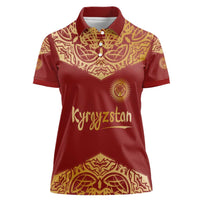 Kyrgyzstan National Symbol Women Polo Shirt Traditional Golden Pattern in Red and Gold