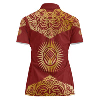 Kyrgyzstan National Symbol Women Polo Shirt Traditional Golden Pattern in Red and Gold