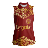 Kyrgyzstan National Symbol Women Sleeveless Polo Shirt Traditional Golden Pattern in Red and Gold