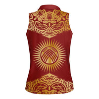 Kyrgyzstan National Symbol Women Sleeveless Polo Shirt Traditional Golden Pattern in Red and Gold
