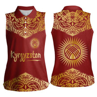 Kyrgyzstan National Symbol Women Sleeveless Polo Shirt Traditional Golden Pattern in Red and Gold