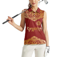 Kyrgyzstan National Symbol Women Sleeveless Polo Shirt Traditional Golden Pattern in Red and Gold