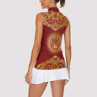 Kyrgyzstan National Symbol Women Sleeveless Polo Shirt Traditional Golden Pattern in Red and Gold