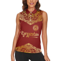 Kyrgyzstan National Symbol Women Sleeveless Polo Shirt Traditional Golden Pattern in Red and Gold