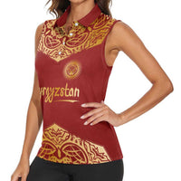 Kyrgyzstan National Symbol Women Sleeveless Polo Shirt Traditional Golden Pattern in Red and Gold