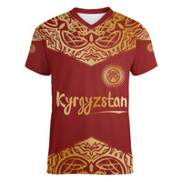 Kyrgyzstan National Symbol Women V-Neck T-Shirt Traditional Golden Pattern in Red and Gold