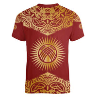 Kyrgyzstan National Symbol Women V-Neck T-Shirt Traditional Golden Pattern in Red and Gold