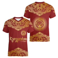 Kyrgyzstan National Symbol Women V-Neck T-Shirt Traditional Golden Pattern in Red and Gold