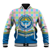Kyrgyzstan Colorful Patchwork Pattern Baseball Jacket with National Crest and Flag Accents