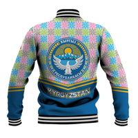 Kyrgyzstan Colorful Patchwork Pattern Baseball Jacket with National Crest and Flag Accents